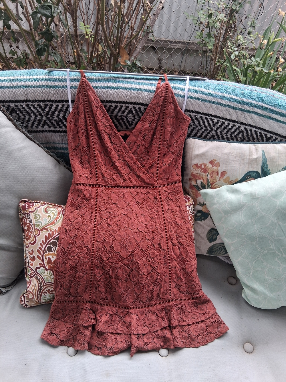 Lulu's Rust Lace Ruffle-Hem Spaghetti Strap Mini Dress